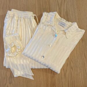 Satin Stripe Ivory Pajama Set with Scrunchie